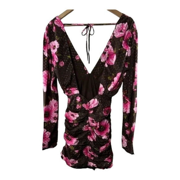 LOVERS + FRIENDS Brown Pink Floral Ruched Open Back Mini Dress XS NWT - Picture 9 of 11